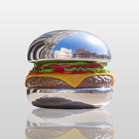 Pop Art Hamburger Stainless Steel Sculpture Displayed in Modern Commercial Plazas