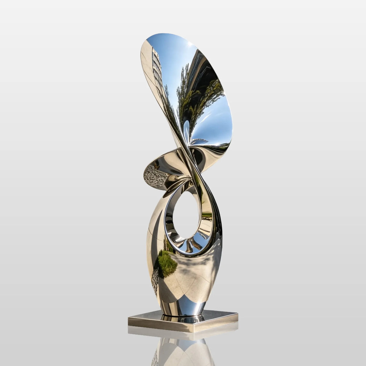 Abstract twist stainless steel sculpture stands outside a modern building.