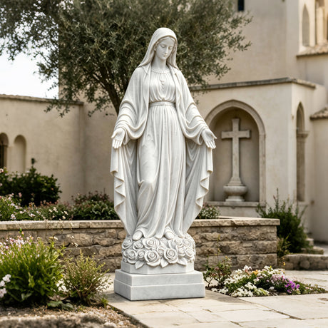 White marble our lady of Grace statue stands on a stone pathway near a church yard.