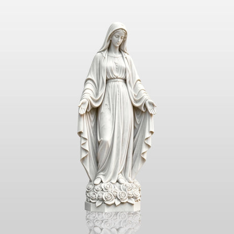 White marble our lady of Grace statue stands on a stone pathway near a church yard.