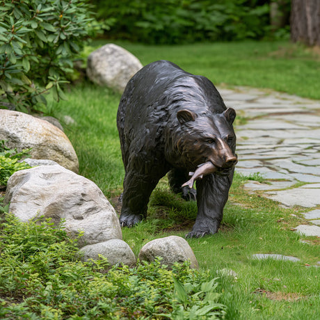 PREMIER Outdoor Bronze Bear Statue with a Fish for Side Yard, Backyard, Zoo or Public Square PSB-280-Bronze Sculpture-PREMIER SCULPTURE