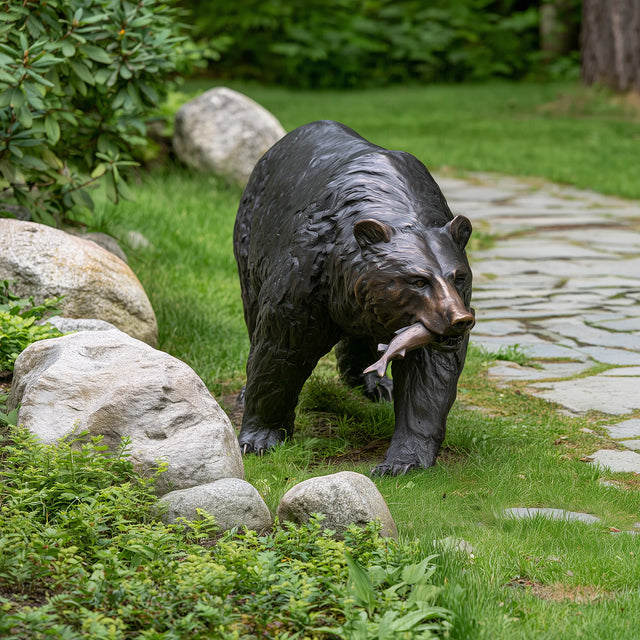 PREMIER Outdoor Bronze Bear Statue with a Fish for Side Yard, Backyard, Zoo or Public Square PSB-280-Bronze Sculpture-PREMIER SCULPTURE