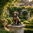 A bronze labrador puppy statue sits on a stone pedestal in a lush garden.
