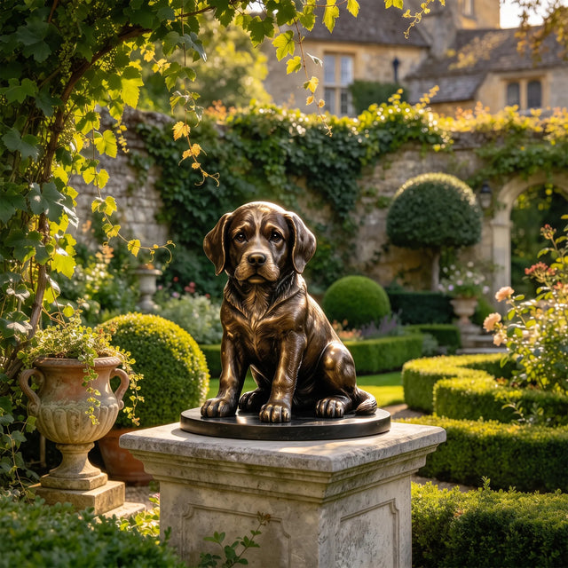 A bronze labrador puppy statue sits on a stone pedestal in a lush garden.