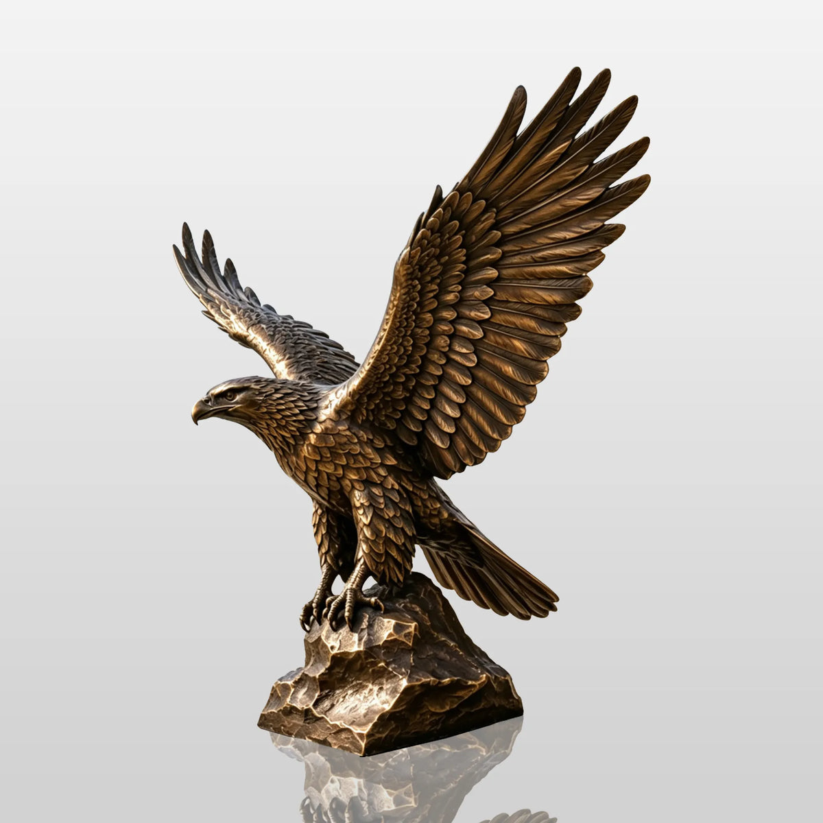 A bronze eagle statue stands on a terrace in front of a modern building.