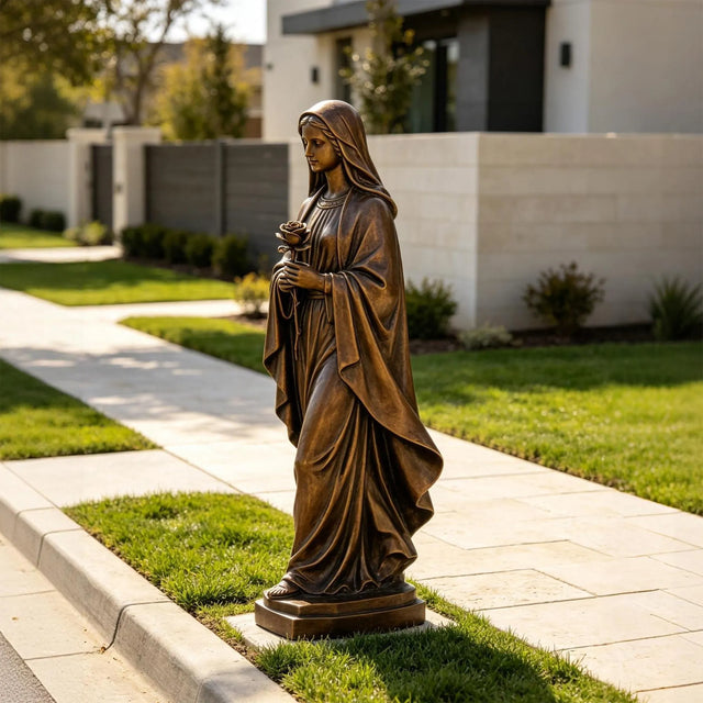 A bronze Virgin Mary statue stands on the grass beside the sidewalk in front of a residential house.