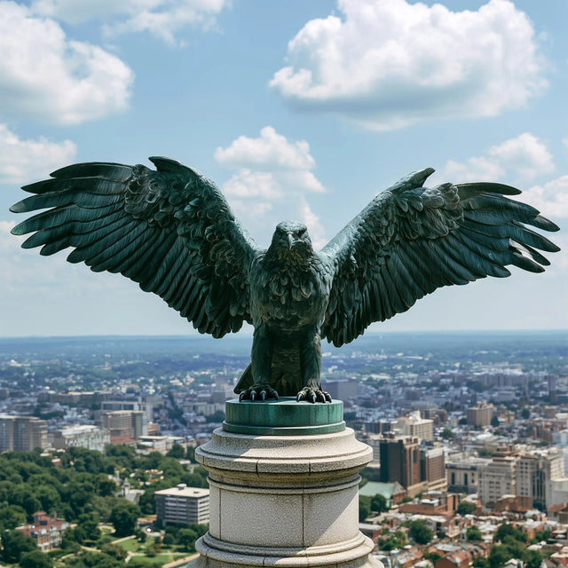 Patina bronze eagle statue perches on the stone column overlooking distant city skyline.