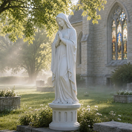 Marble Virgin Mary statue stands on green grass beside a church.