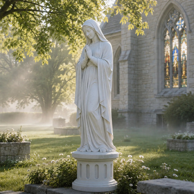 Marble Virgin Mary statue stands on green grass beside a church.