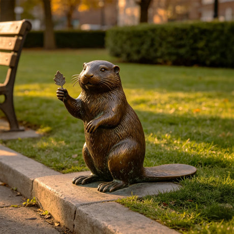A bronze beaver statue stands on the green grass in a public park at sunset.