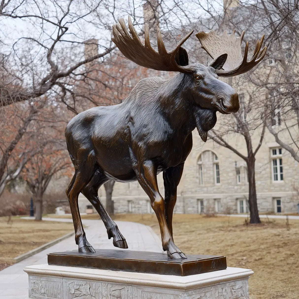 PREMIER Realistic Bronze Sculpture with Walking Moose Design for Campus Lawns, Plazas, Parks, Gardens or Zoo Entrances PSB-191-Bronze Sculpture-PREMIER SCULPTURE