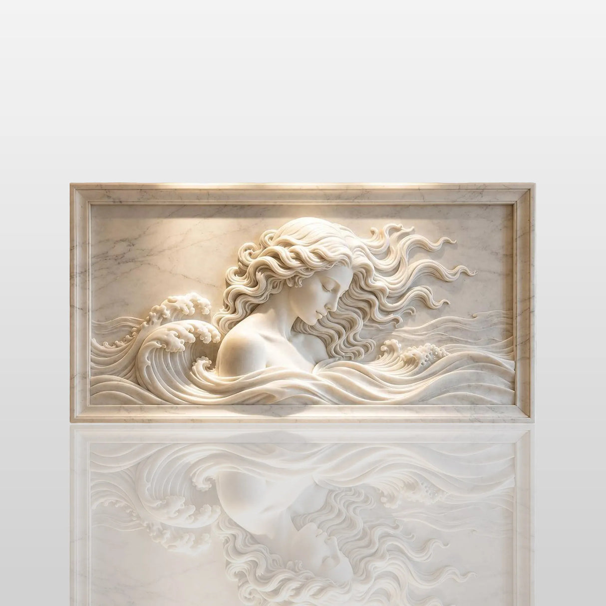 A beautiful marble relief sculpture of a flowing female figure is displayed on a feature wall inside a luxurious interior space.