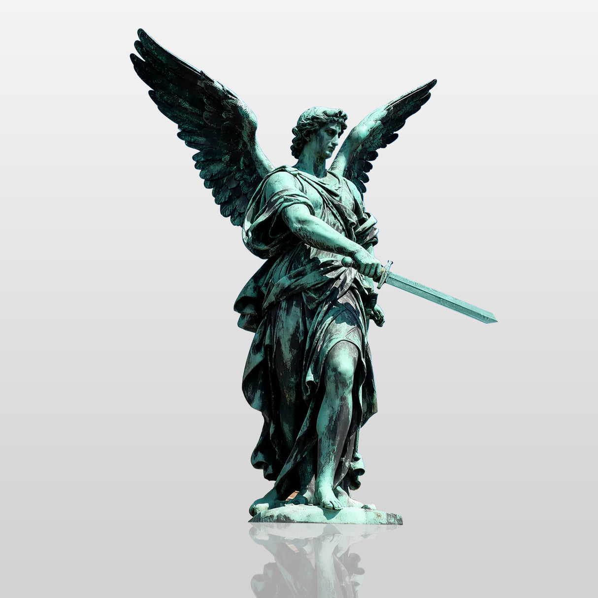 Bronze Saint Michael statue stands on stone pedestal in front of a domed building.