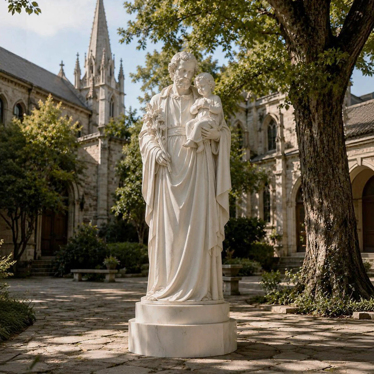 Marble saint Joseph statue holding infant Jesus stands on the stone courtyard.