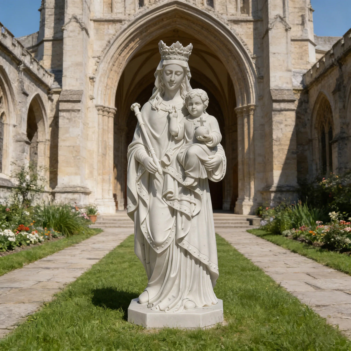 PREMIER Religious Marble Statue with the Virgin Mary Holding the Child Jesus Design Fit for Churches, Religious Parks or Courtyards PSM-110-Marble sculpture-PREMIER SCULPTURE