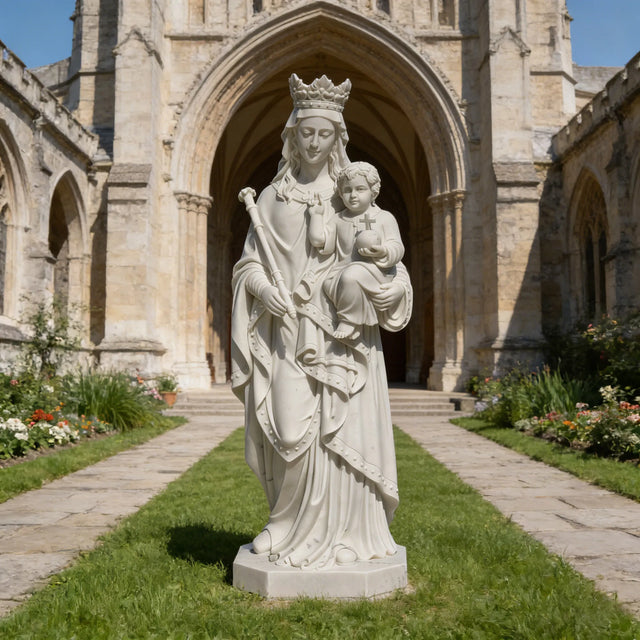 PREMIER Religious Marble Statue with the Virgin Mary Holding the Child Jesus Design Fit for Churches, Religious Parks or Courtyards PSM-110-Marble sculpture-PREMIER SCULPTURE