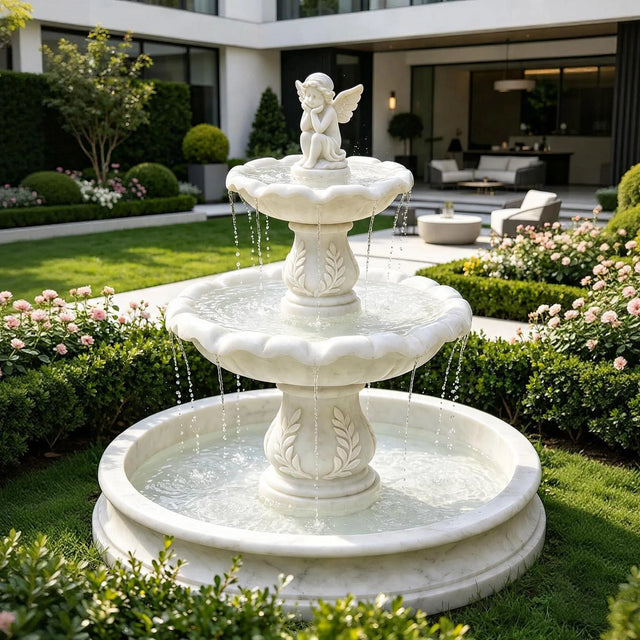 PREMIER Romantic Marble Fountain with Angel Design for Villas, Gardens, Hotels and Patios PSFM-012-Marble sculpture-PREMIER SCULPTURE