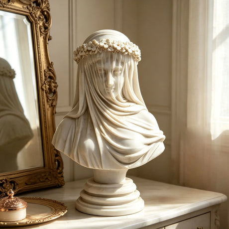 PREMIER Romantic Marble Table Sculpture in Veiled Bride for the Dresser, Entryway, Bedroom and Wedding Studio PSM-132-Marble sculpture-PREMIER SCULPTURE
