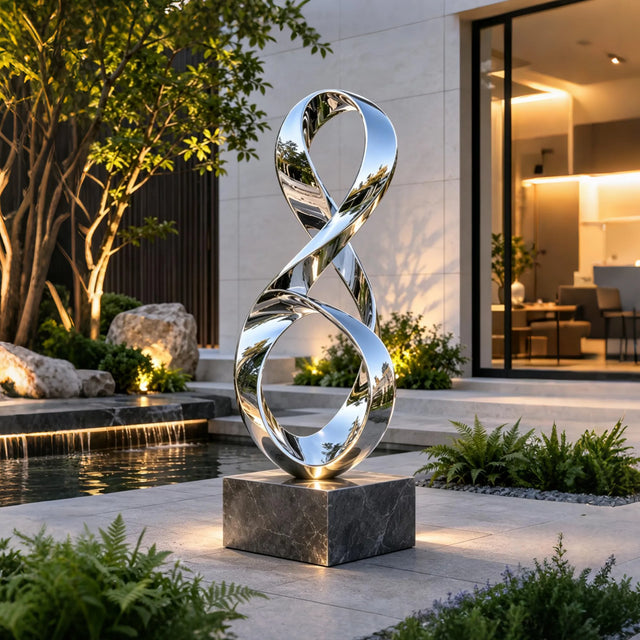 Polished stainless steel ribbon sculpture rests beside a garden water pond.