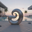 Stainless steel abstract wave sculpture beside a pool in a modern coastal villa setting