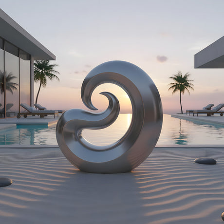 Stainless steel abstract wave sculpture beside a pool in a modern coastal villa setting