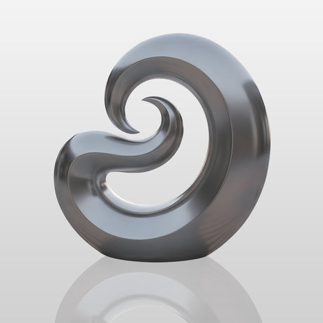 Stainless steel abstract wave sculpture beside a pool in a modern coastal villa setting