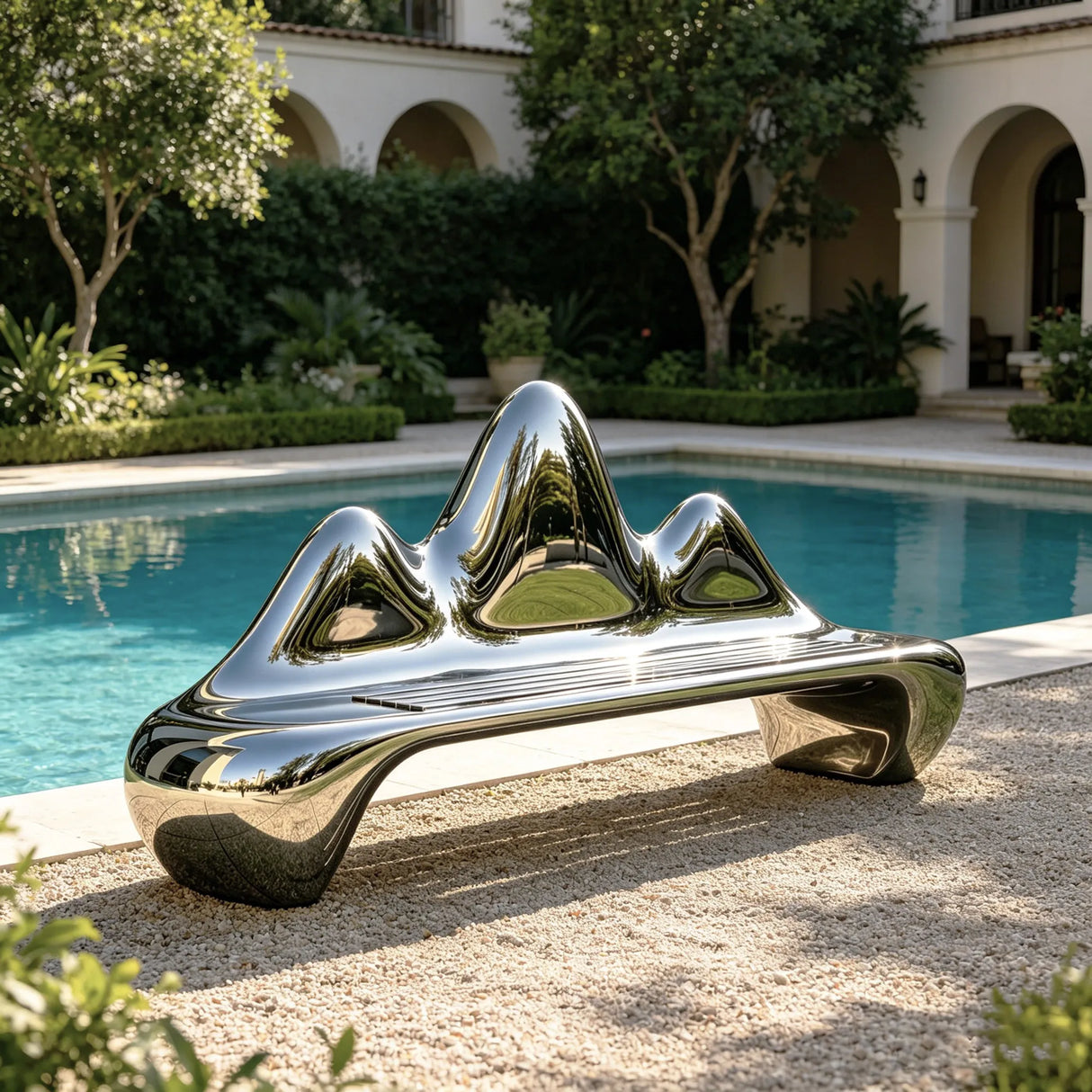 PREMIER Stainless Steel Bench Sculpture with Abstract Mountain