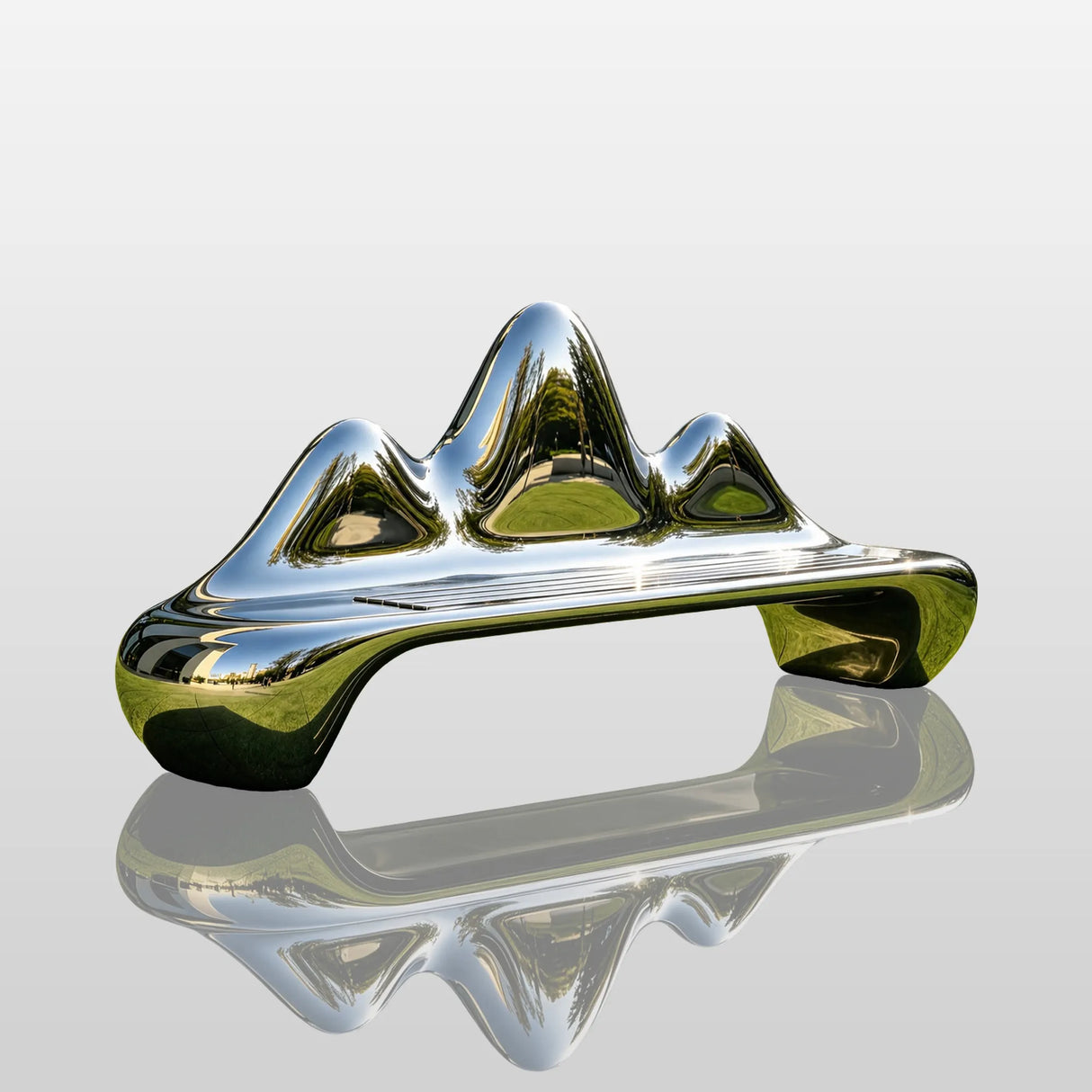 PREMIER Stainless Steel Bench Sculpture with Abstract Mountain