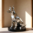 Geometric stainless steel dog sculpture with polished finish, symbolizing loyalty and strength, ideal for modern homes, gardens, and villa entrances.