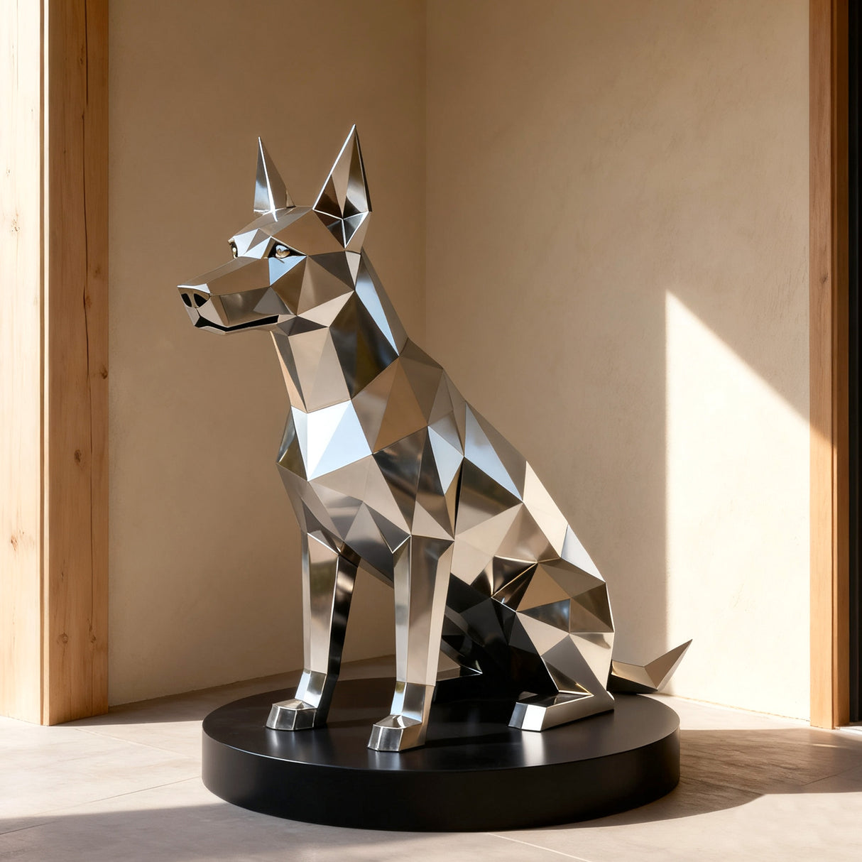 Geometric stainless steel dog sculpture with polished finish, symbolizing loyalty and strength, ideal for modern homes, gardens, and villa entrances.