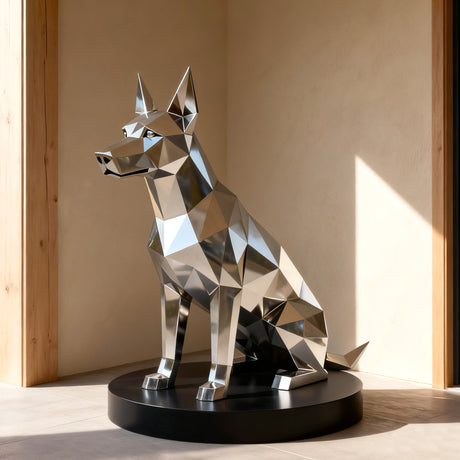 Geometric stainless steel dog sculpture with polished finish, symbolizing loyalty and strength, ideal for modern homes, gardens, and villa entrances.
