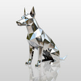 Geometric stainless steel dog sculpture with polished finish, symbolizing loyalty and strength, ideal for modern homes, gardens, and villa entrances.