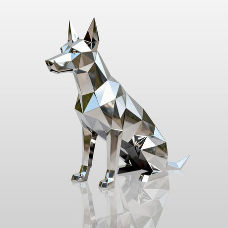 Geometric stainless steel dog sculpture with polished finish, symbolizing loyalty and strength, ideal for modern homes, gardens, and villa entrances.