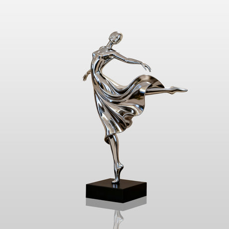 Stainless steel figurative sculpture of a ballet dancer with one foot lifted and flowing skirt, suitable for modern interiors and art galleries.