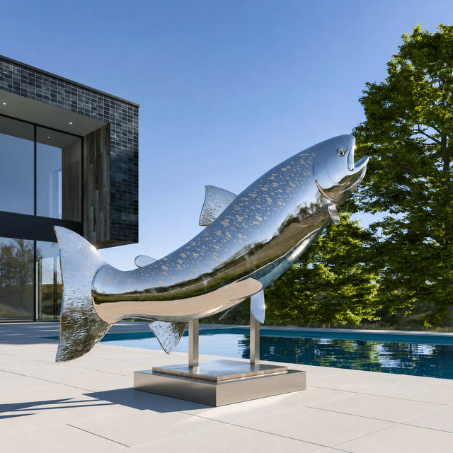 PREMIER Stainless Steel Fish Statue in Rainbow Trout for Home Entrance, Front Yard or City Park Lawn PSSS-303-Stainless Steel Sculpture-PREMIER SCULPTURE
