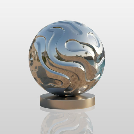Polished stainless steel abstract sphere sculpture beside a pool at a modern residence