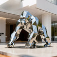 Stainless steel geometric gorilla sculpture with faceted surfaces