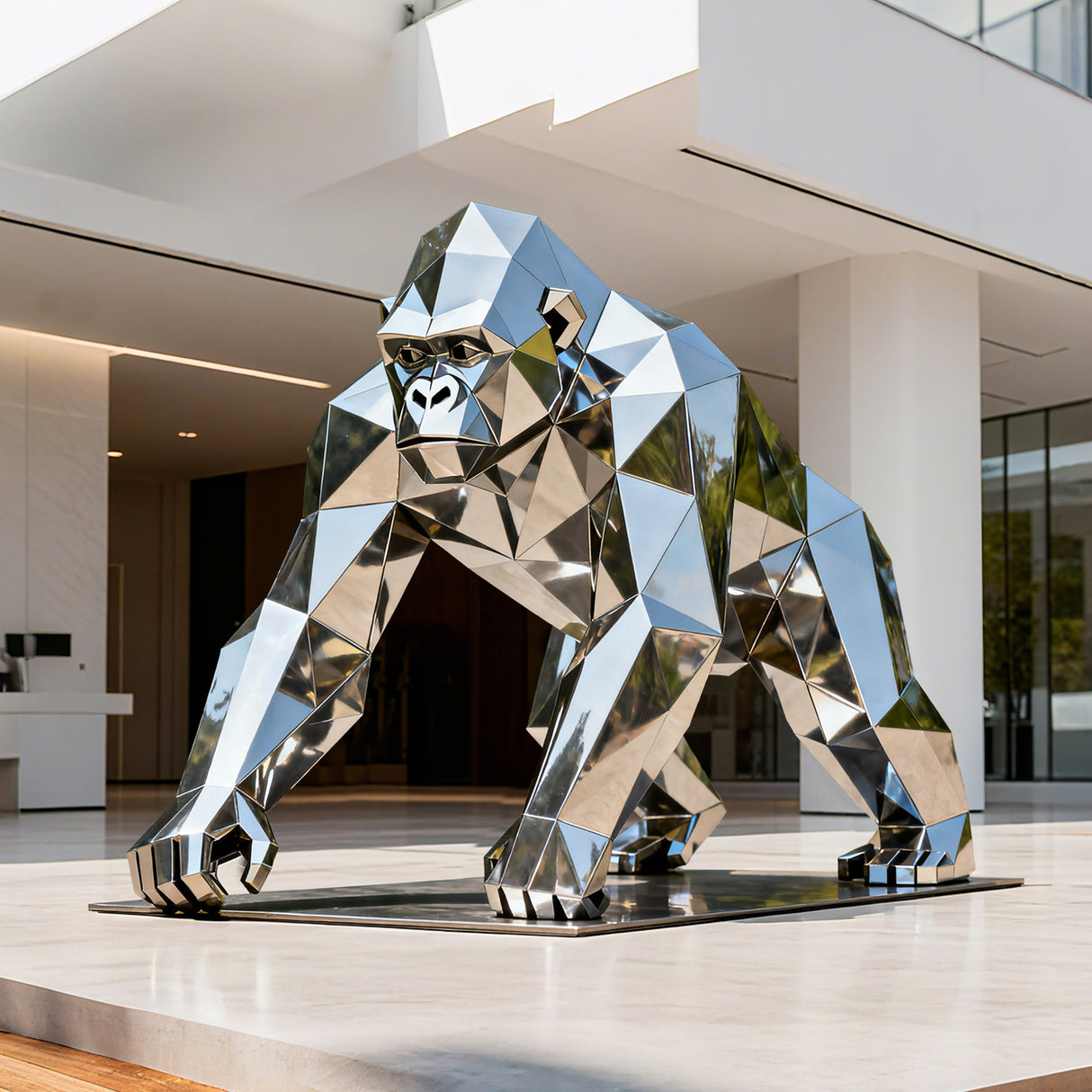 Stainless steel geometric gorilla sculpture with faceted surfaces