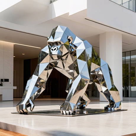 Stainless steel geometric gorilla sculpture with faceted surfaces