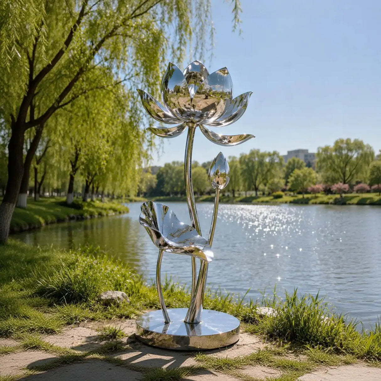 Polished stainless steel lotus sculpture stands on the grassy lake shore under bright sunshine.