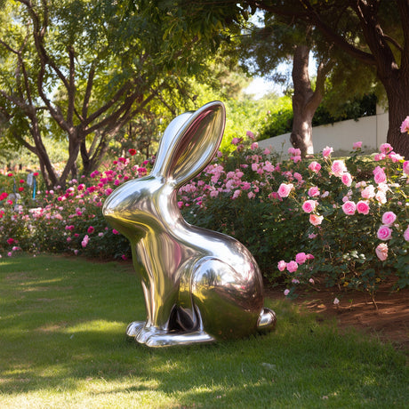 Polished stainless steel rabbit sculpture with mirror surface for modern garden or outdoor art display.