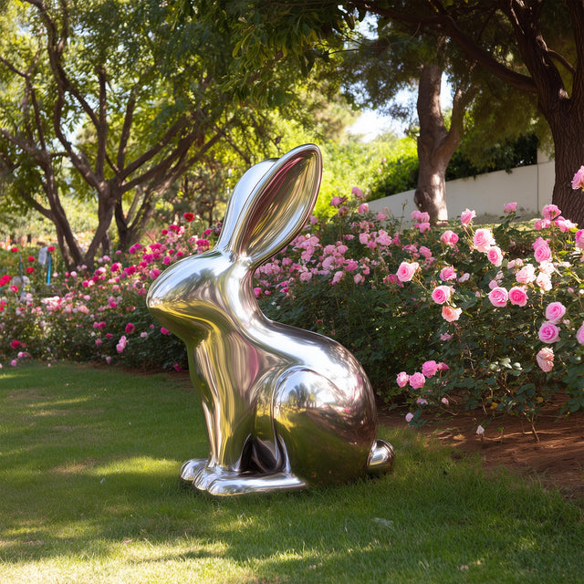 Polished stainless steel rabbit sculpture with mirror surface for modern garden or outdoor art display.