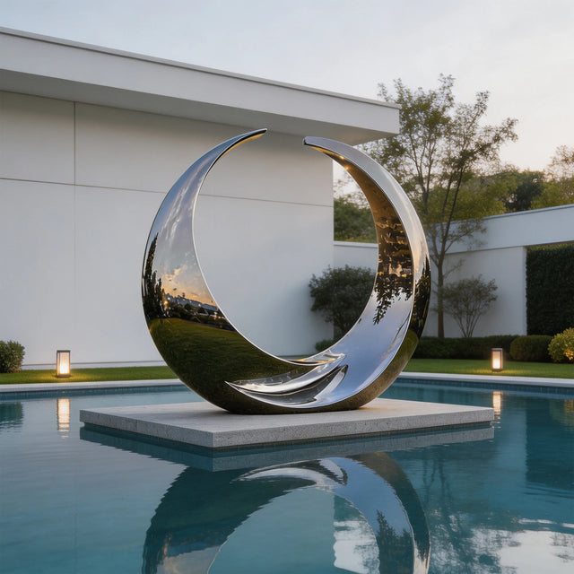 PREMIER Stainless Steel Sculpture with Crescent Moon Design for Pool Deck, Front Lawn or Town Square PSSS-304-Stainless Steel Sculpture-PREMIER SCULPTURE