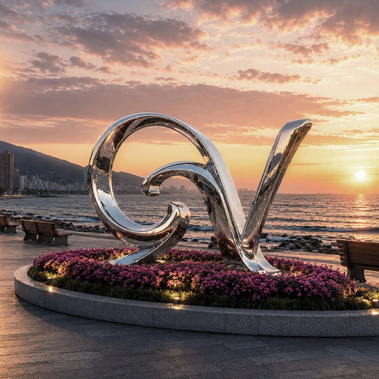  A mirror stainless steel GV sculpture sits on a seaside plaza at sunset.