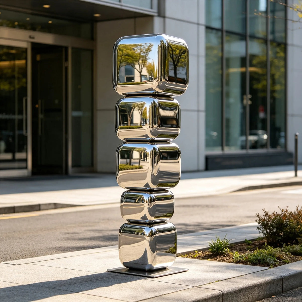 Mirror stacked cube stainless steel sculpture stands on city sidewalk outside a modern building.