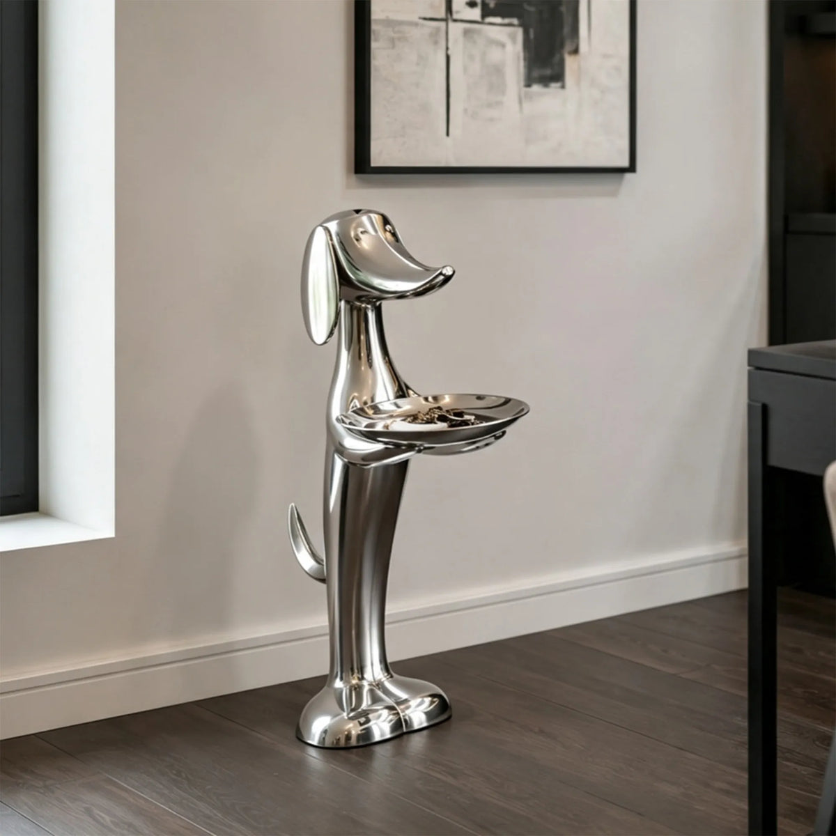 PREMIER Standing Dog Sculpture with Tray in Stainless Steel for Entryway, Hallway or Art Gallery PSSS-339-Stainless Steel Sculpture-PREMIER SCULPTURE