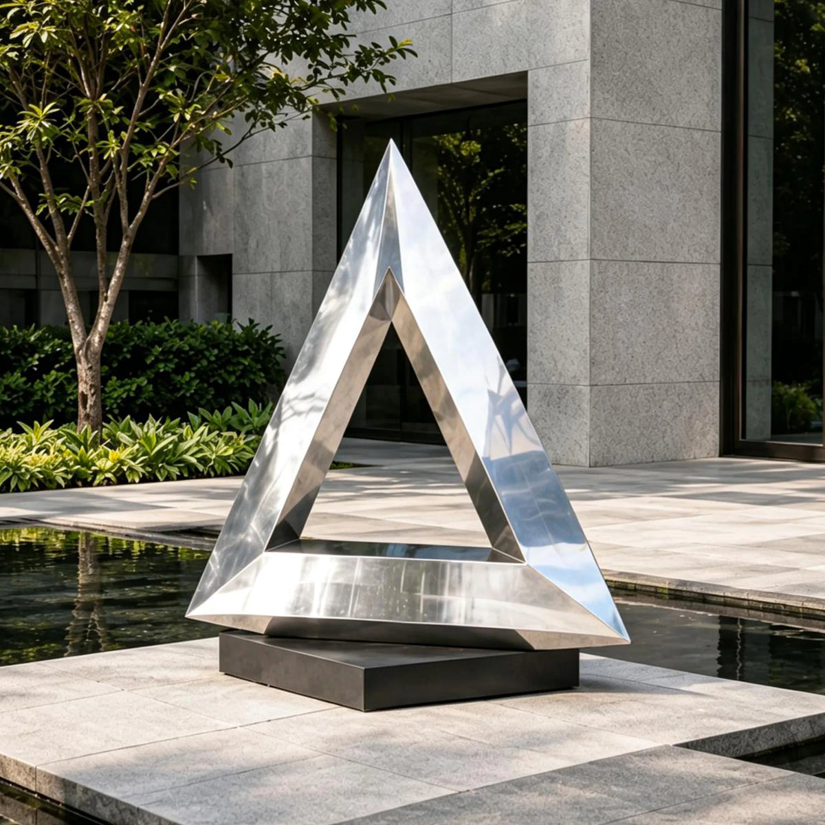 PREMIER Triangle Stainless Steel Sculpture with Geometric Design for Water Terrace, Front Yard or City Plaza PSSS-361-Stainless Steel Sculpture-PREMIER SCULPTURE
