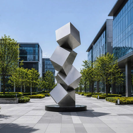 Placed in an open modern plaza, the brushed stainless steel sculpture adds bold geometric movement and clean architectural energy under natural daylight.