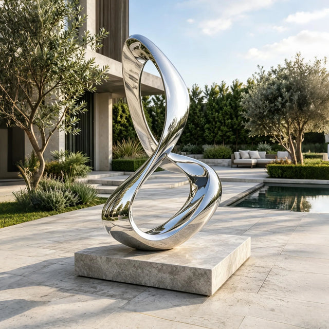 A stainless steel infinity loop sculpture stands on stone base beside a swimming pool.