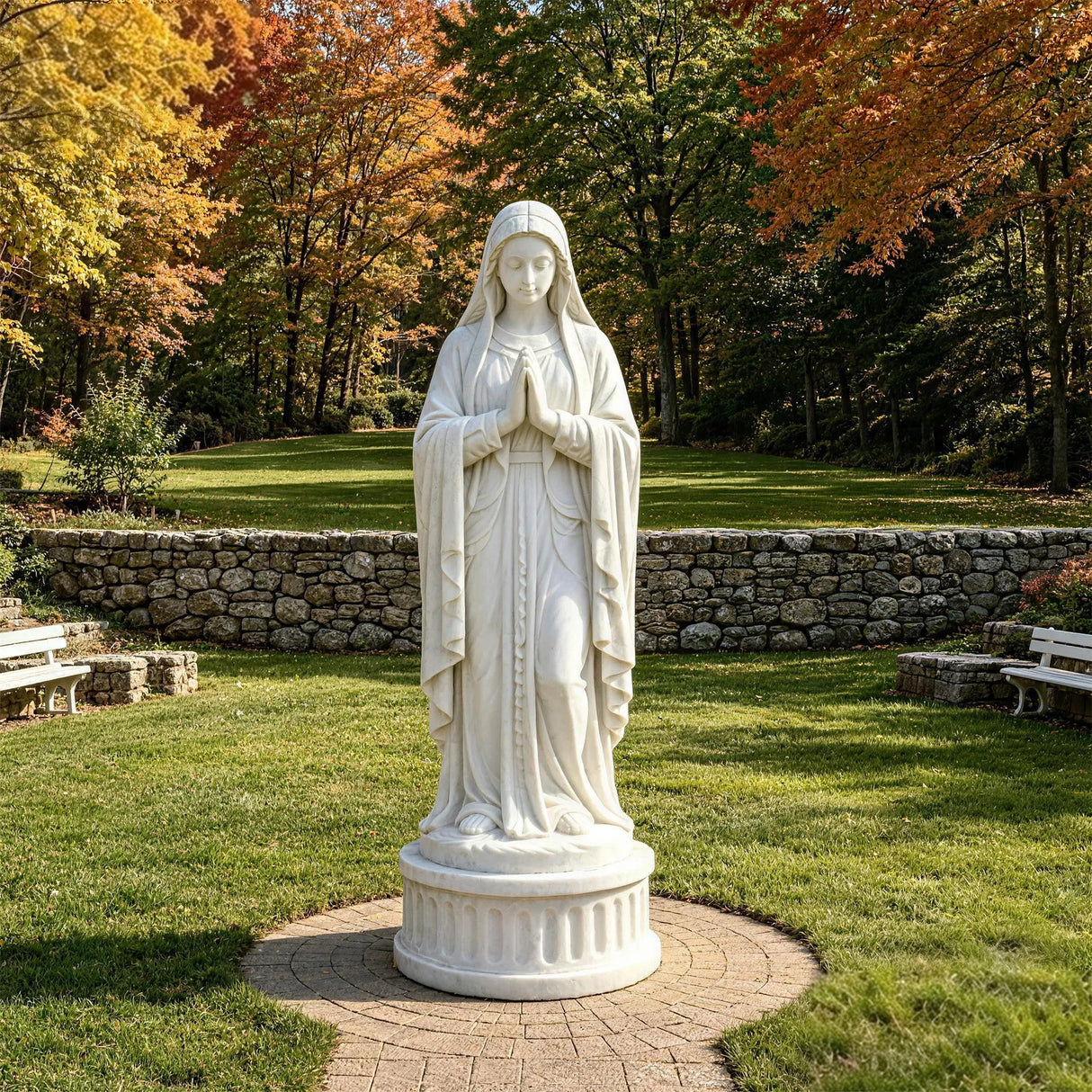 White marble Virgin Mary statue stands on paved circle amid green lawn and trees.